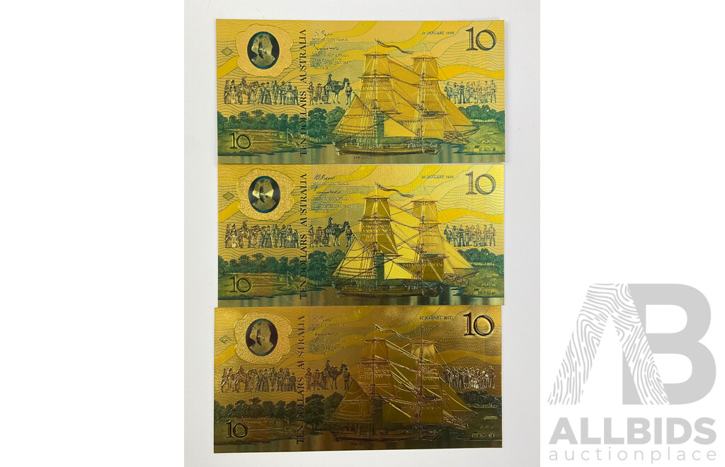 Three Australian 1988 Ten Dollar 24 Carat Gold Foil Banknotes