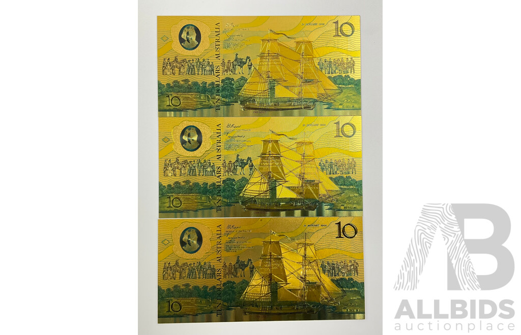 Three Australian 1988 Ten Dollar 24 Carat Gold Foil Banknotes