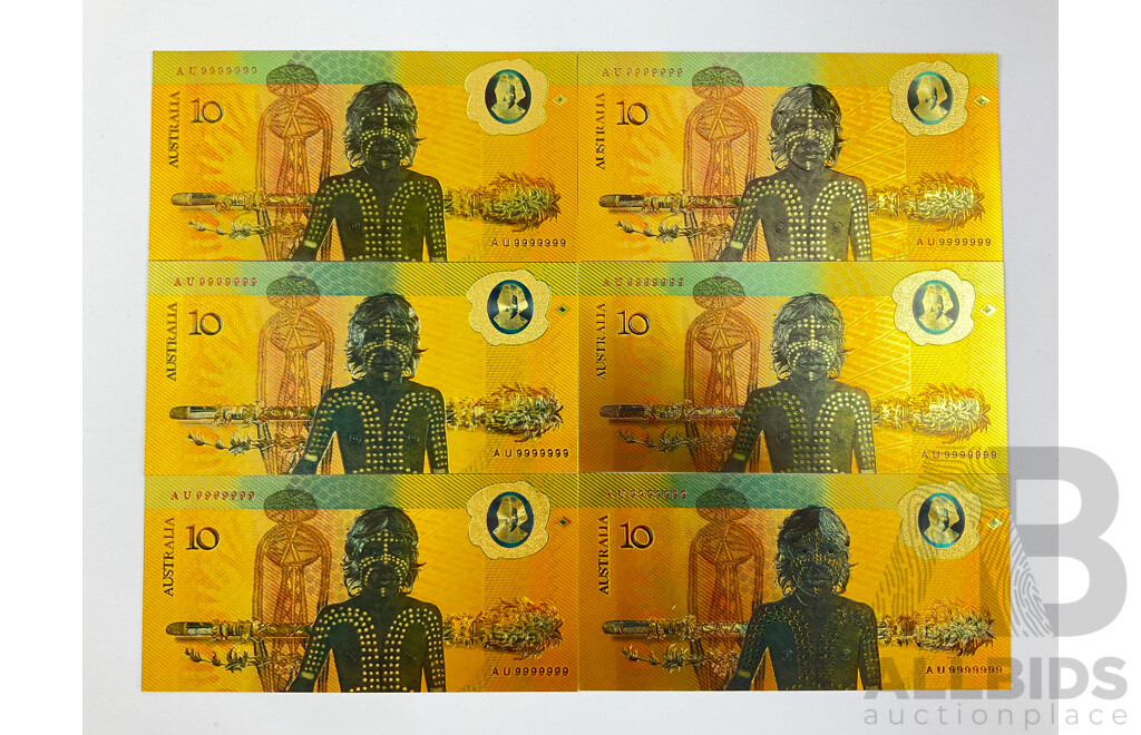 Six Australian 1988 Ten Dollar 24 Carat Gold Foil Banknotes