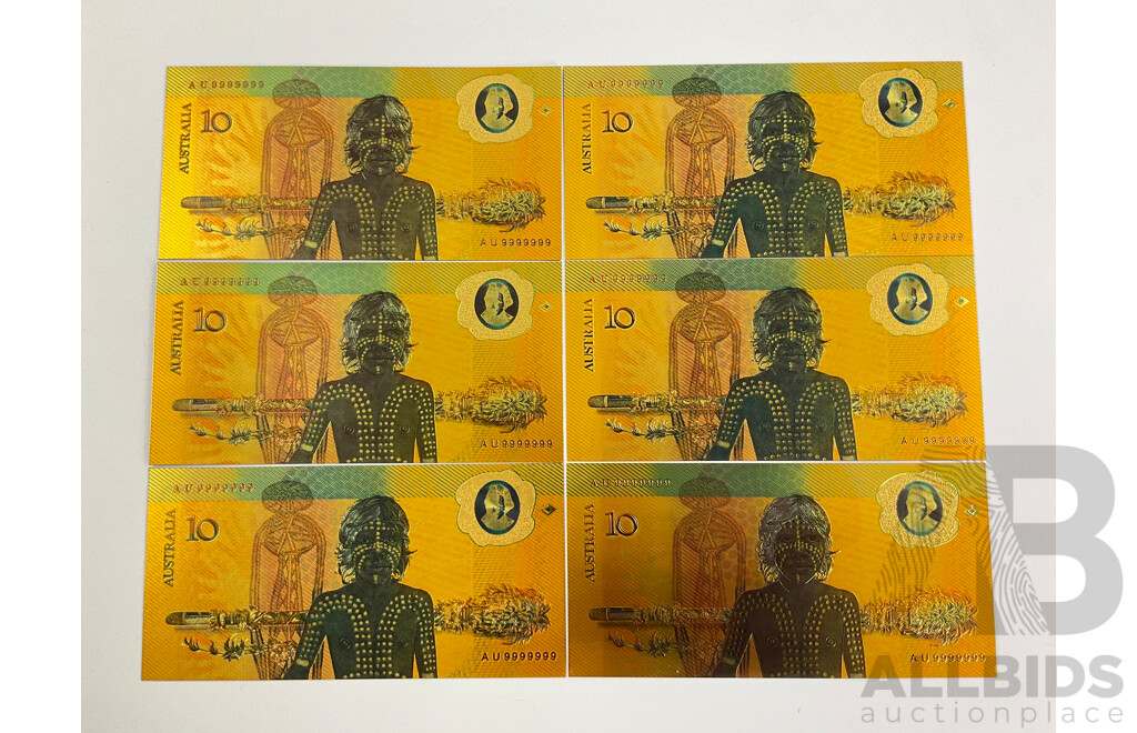 Six Australian 1988 Ten Dollar 24 Carat Gold Foil Banknotes