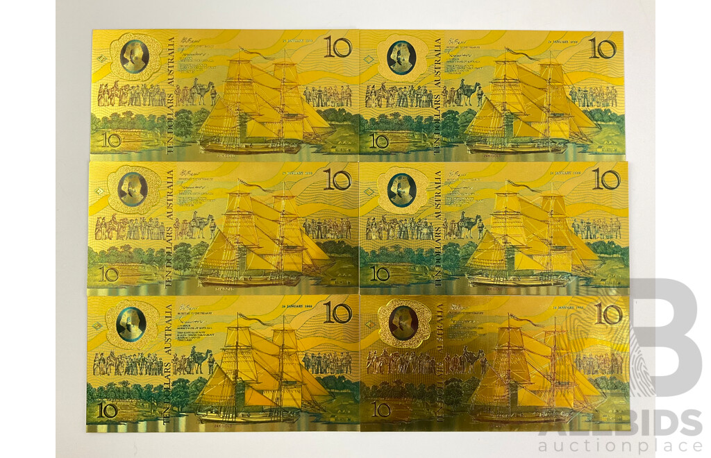 Six Australian 1988 Ten Dollar 24 Carat Gold Foil Banknotes