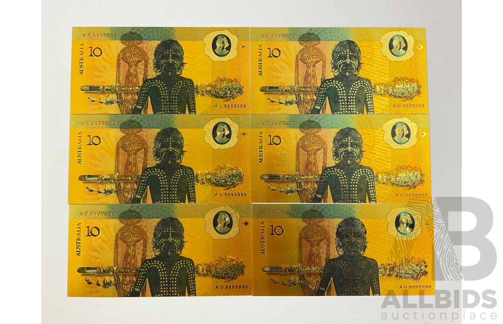 Six Australian 1988 Ten Dollar 24 Carat Gold Foil Banknotes