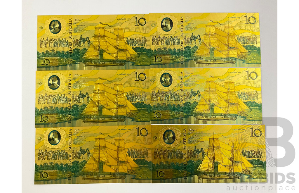 Six Australian 1988 Ten Dollar 24 Carat Gold Foil Banknotes