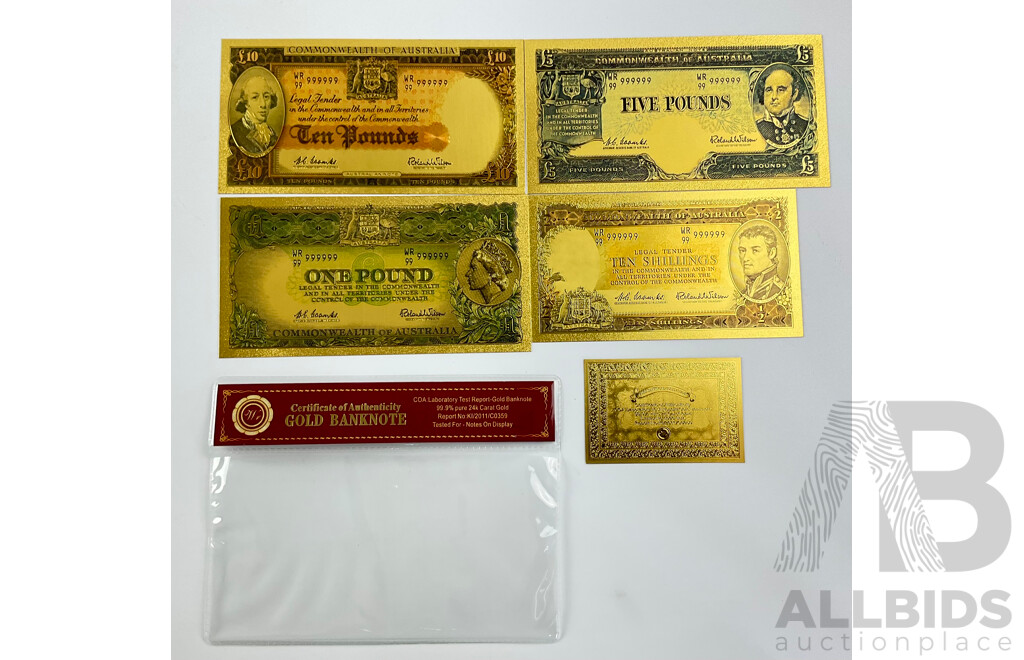 Australian 24 Carat Gold Foil Predecimal Banknote Series Set