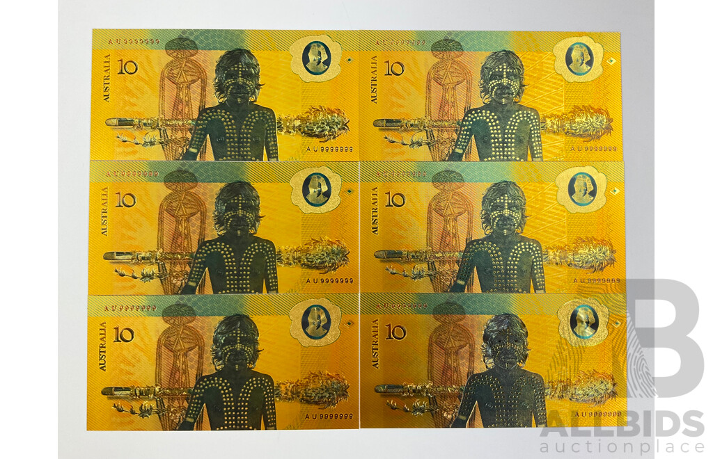 Six Australian 1988 Ten Dollar 24 Carat Gold Foil Banknotes