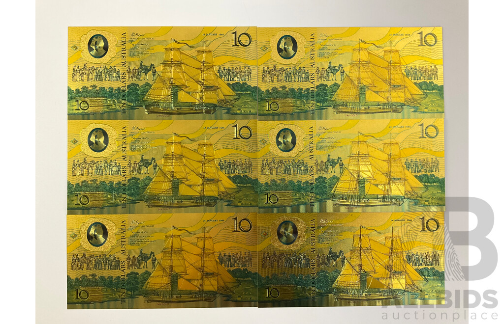 Six Australian 1988 Ten Dollar 24 Carat Gold Foil Banknotes