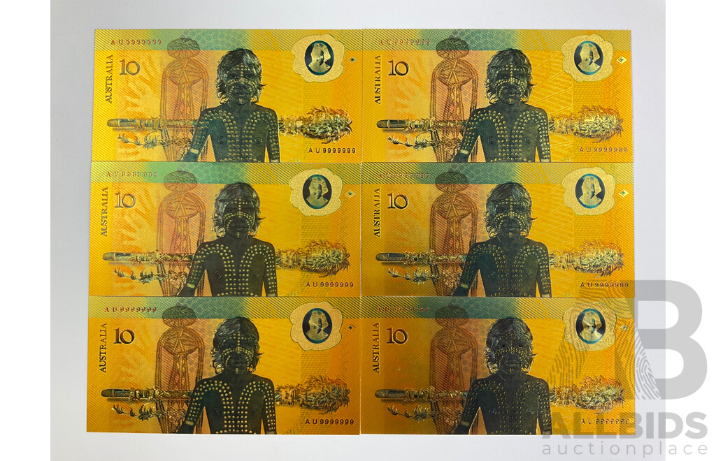 Six Australian 1988 Ten Dollar 24 Carat Gold Foil Banknotes