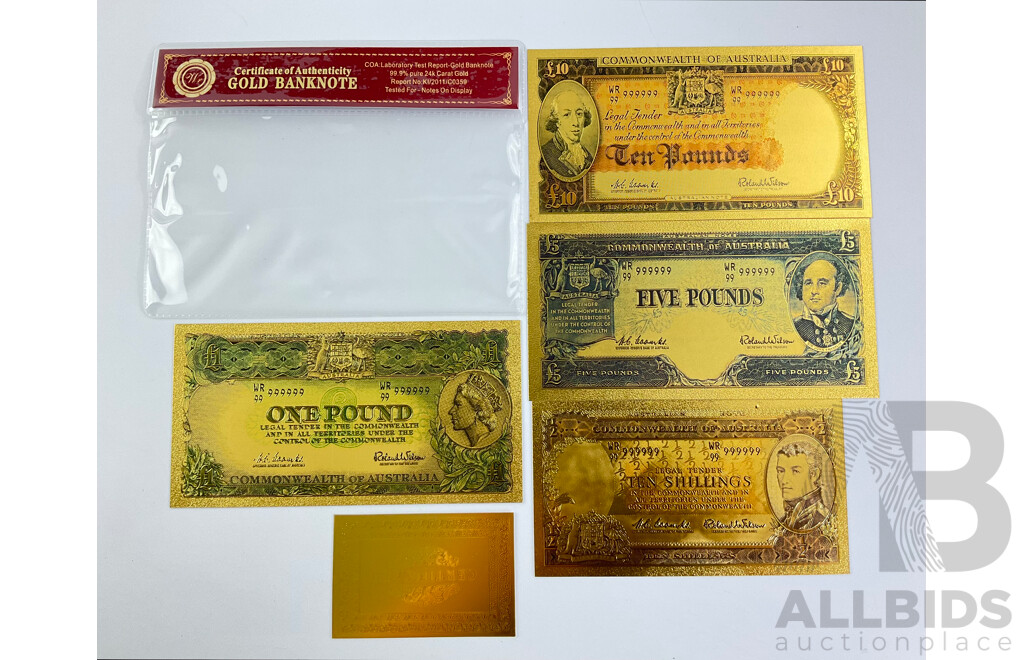 Australian 24 Carat Gold Foil Predecimal Banknote Series Set