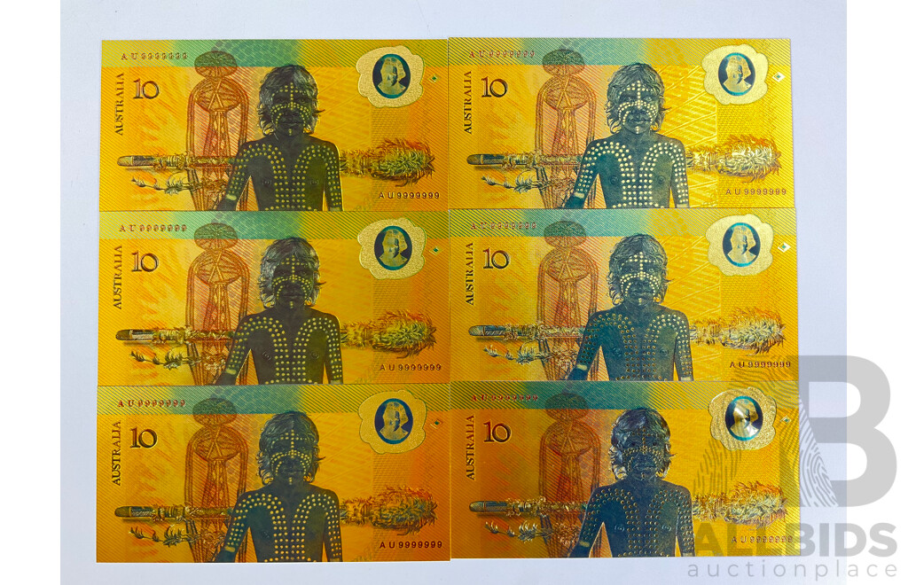 Six Australian 1988 Ten Dollar 24 Carat Gold Foil Banknotes