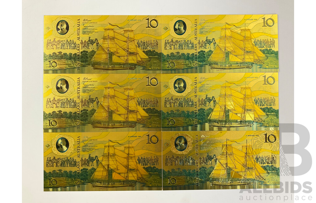 Six Australian 1988 Ten Dollar 24 Carat Gold Foil Banknotes