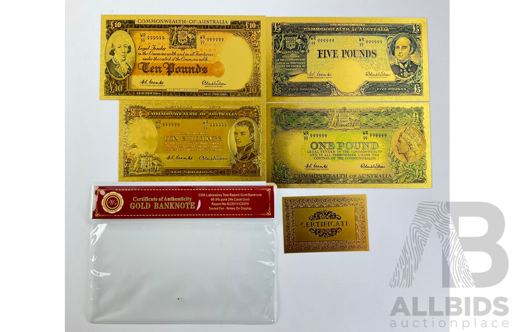 Australian 24 Carat Gold Foil Predecimal Banknote Series Set