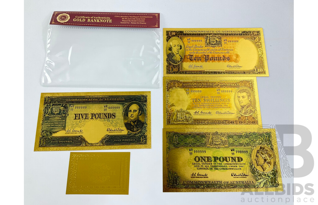Australian 24 Carat Gold Foil Predecimal Banknote Series Set