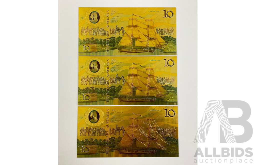 Three Australian 1988 Ten Dollar 24 Carat Gold Foil Banknotes