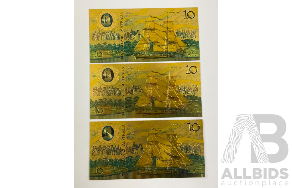 Three Australian 1988 Ten Dollar 24 Carat Gold Foil Banknotes