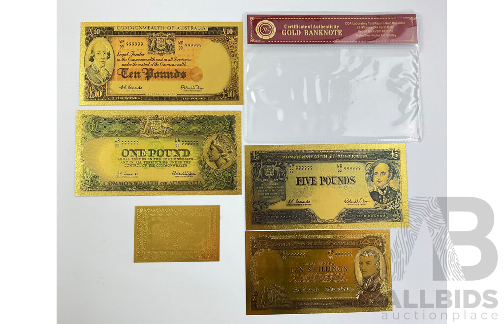 Australian 24 Carat Gold Foil Predecimal Banknote Series Set