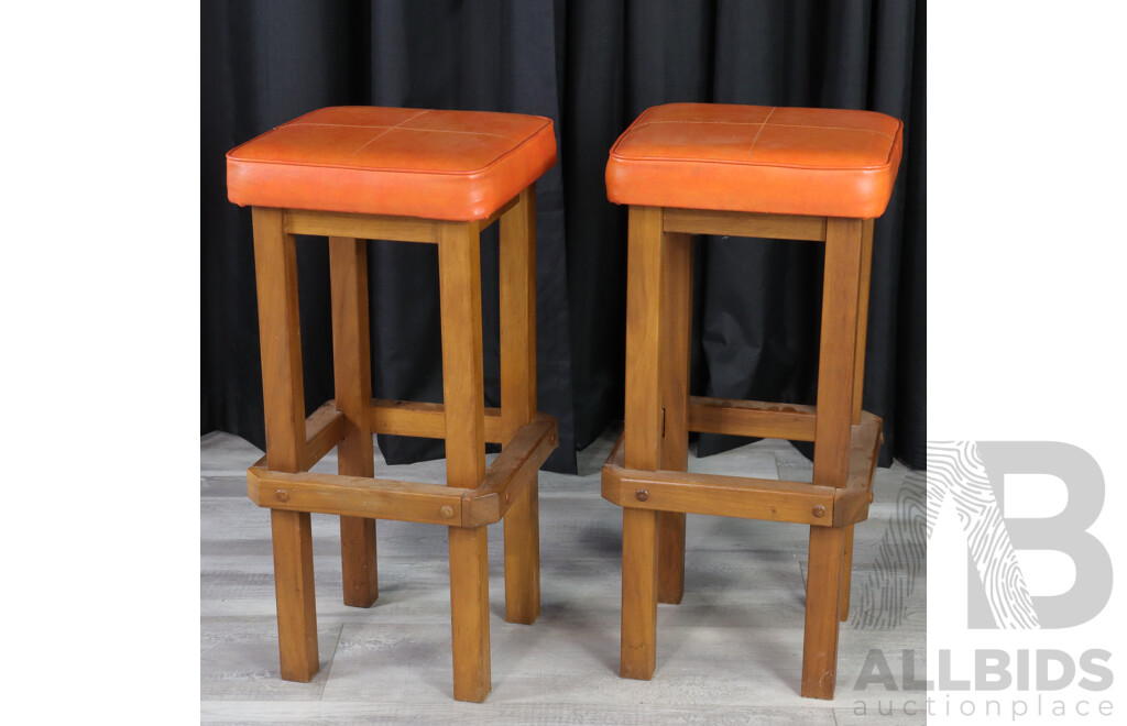 Pair of Retro Timber Based Bar Stools with Burnt Orange Upholstery