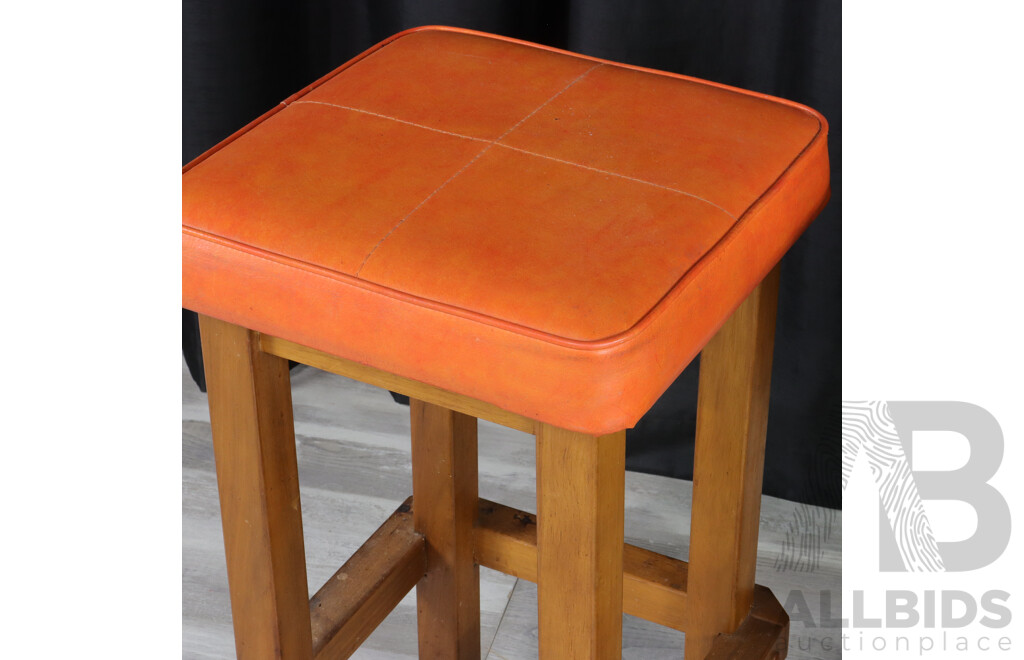 Pair of Retro Timber Based Bar Stools with Burnt Orange Upholstery