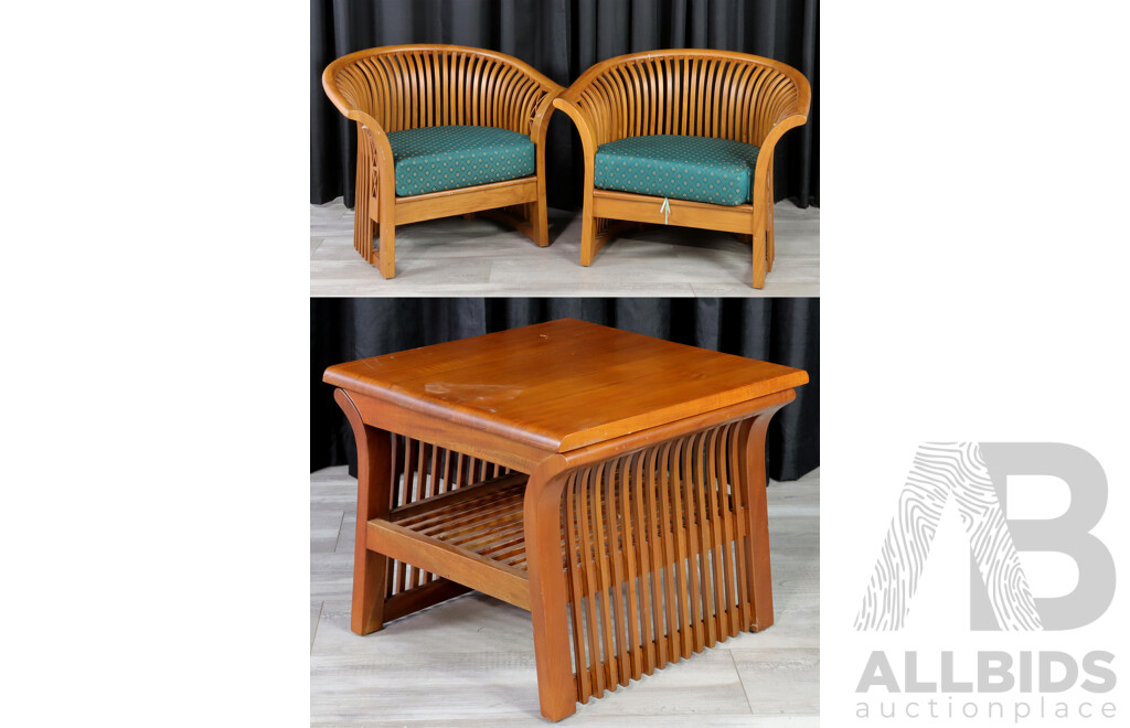 Pair of Modern Timber Tub Chairs with Matching Side Table 