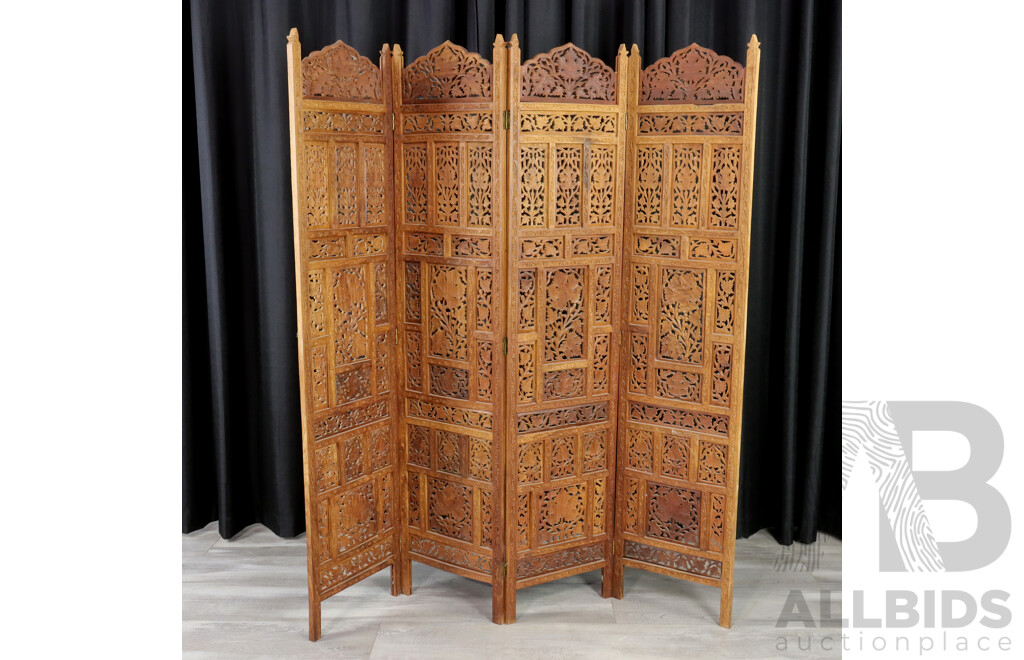 Indonesian Teak Carved Four Panel Room Divider