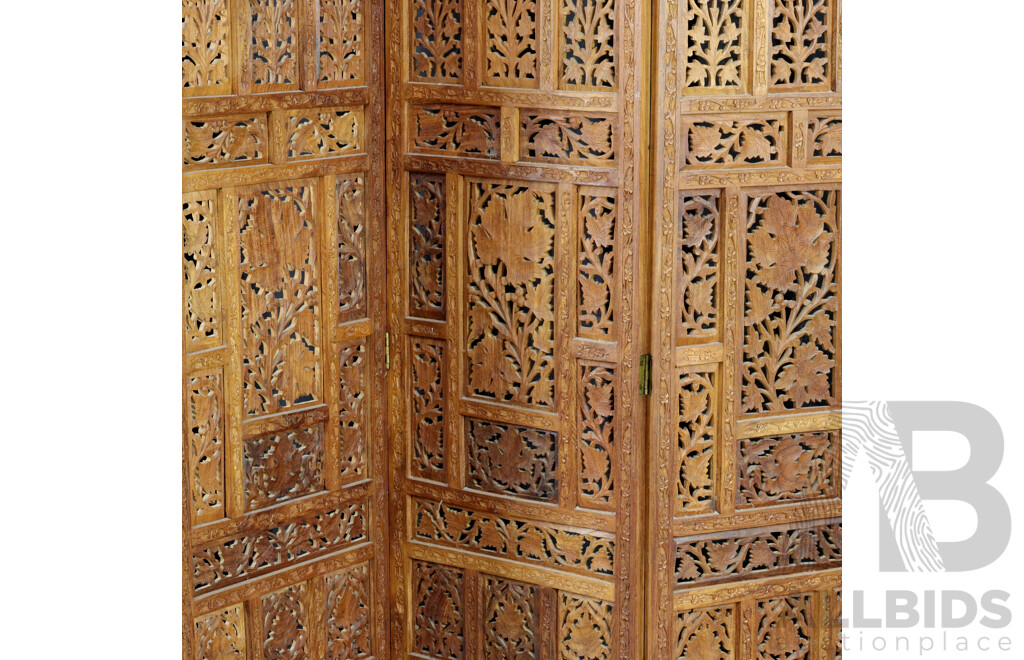 Indonesian Teak Carved Four Panel Room Divider