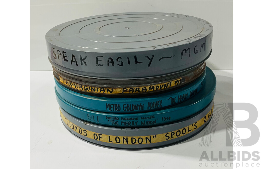 Five Vintage 16mm Films on Reels in Cases Comprising 20th Century Fox Lloyds of London Spool 2 & 3, the Merry Widow, 1934 Spolls 1 to 3, the Virginian 1929 & Speak Easily 1932