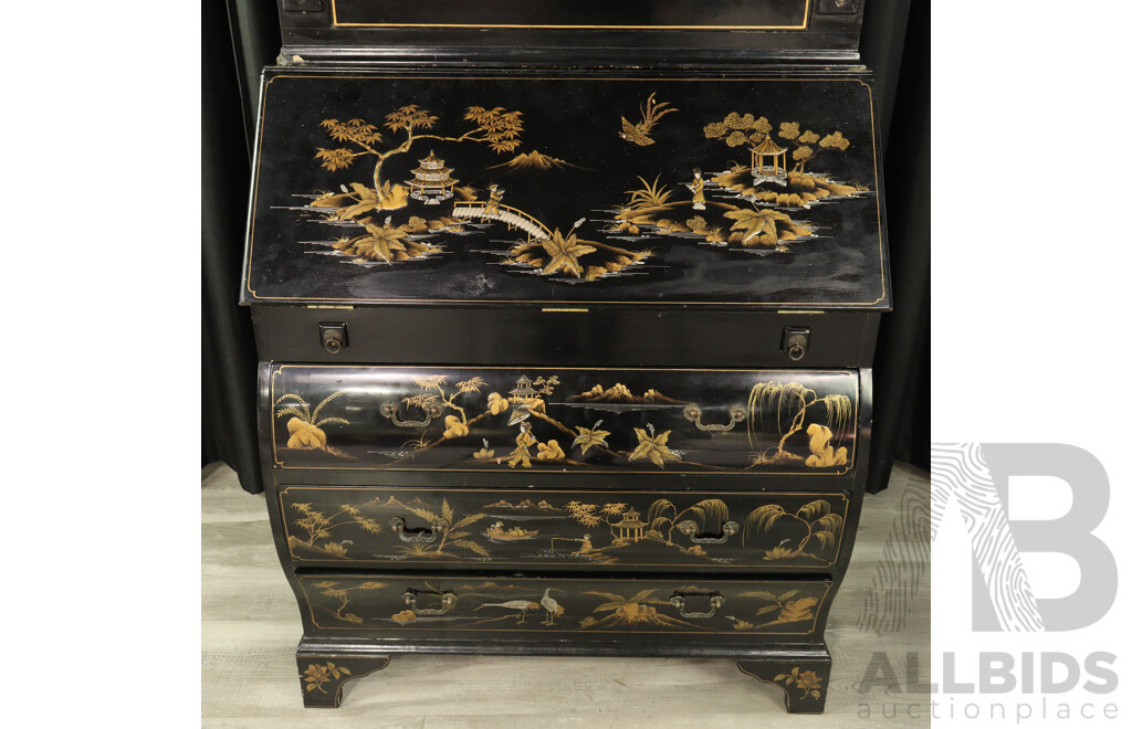 Modern Chinese Chinoiserie Two Piece Bureau Bookcase