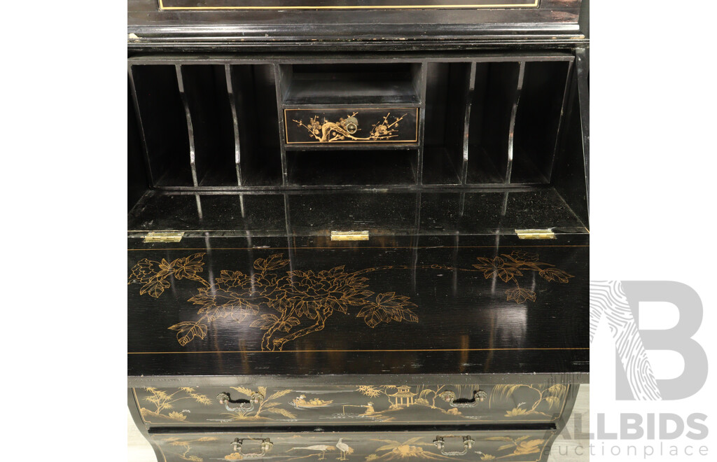 Modern Chinese Chinoiserie Two Piece Bureau Bookcase