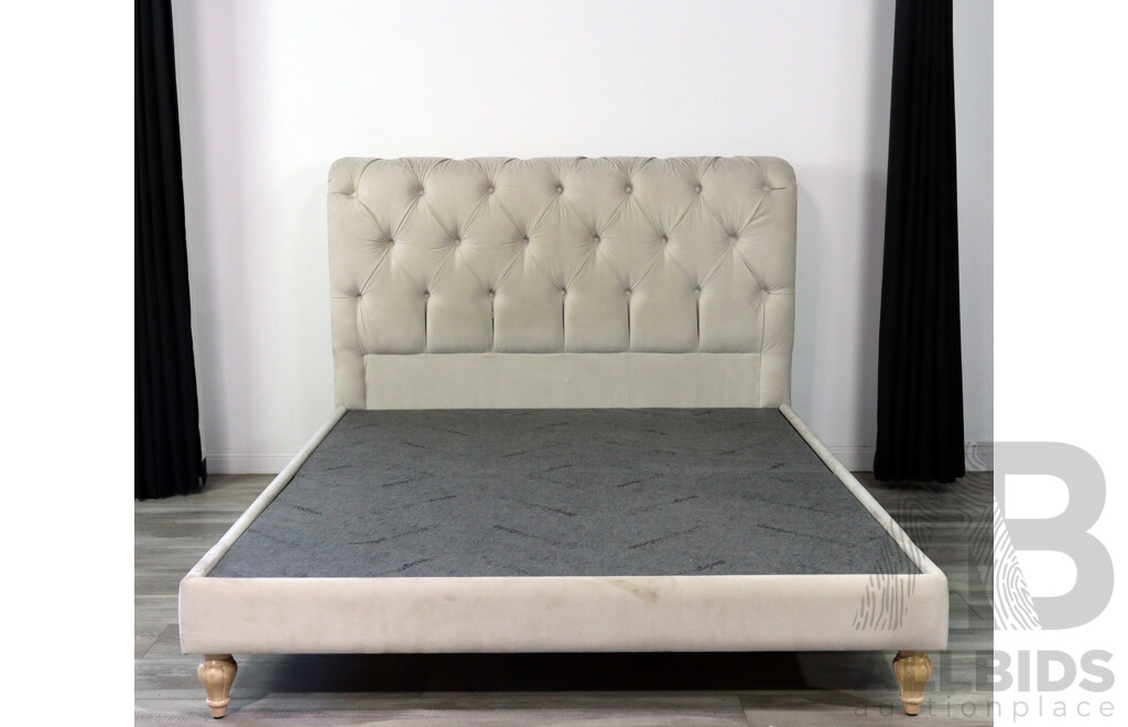 Queen Sized Bed Frame with Buttoned Fabric Headboard