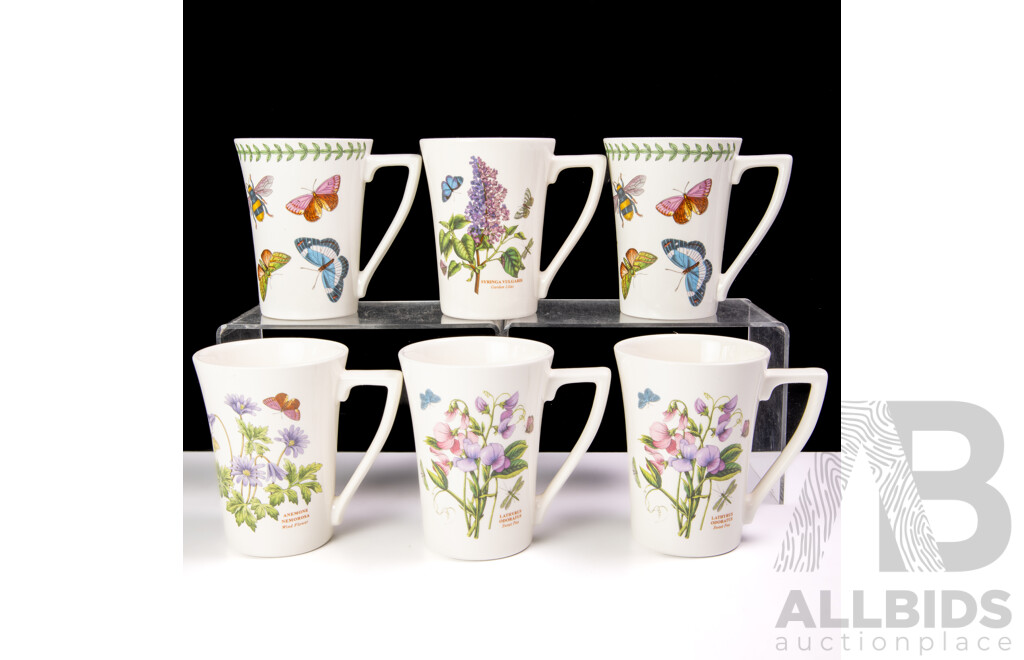 Set Six Portmeirion Porcelain Mugs in the Botanic Garden Series by Susan Ellis Williams