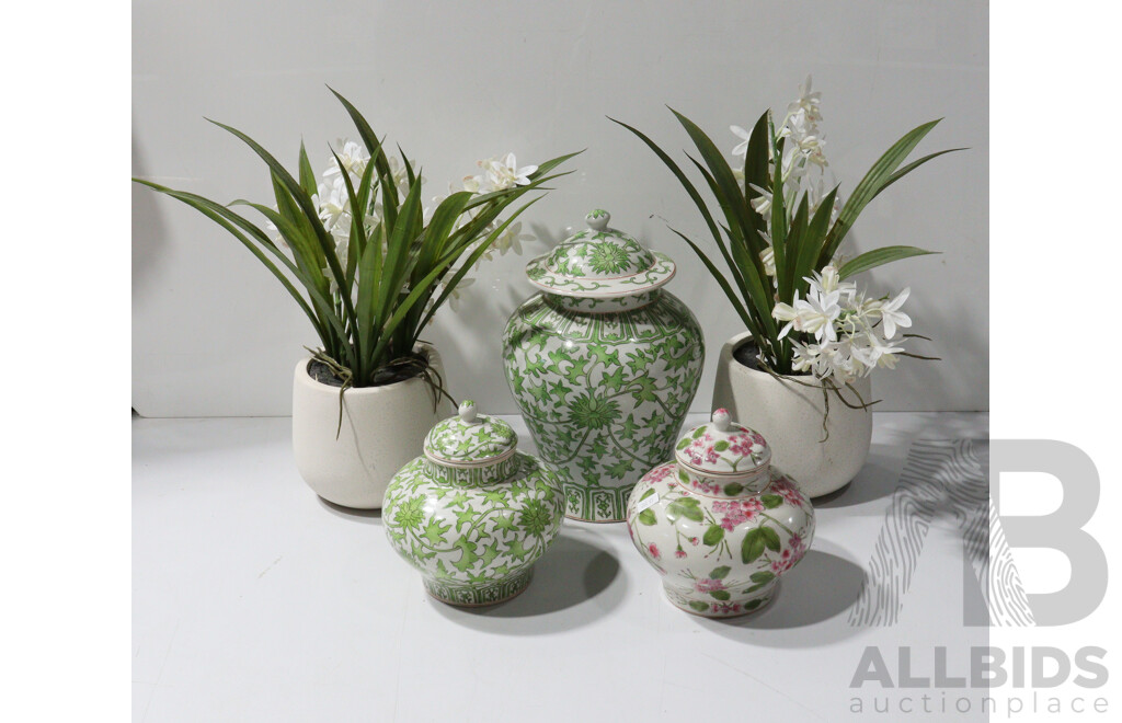 Collection of Three Various Ginger Jars and Two Faux Flowers