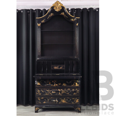 Modern Chinese Chinoiserie Two Piece Bureau Bookcase