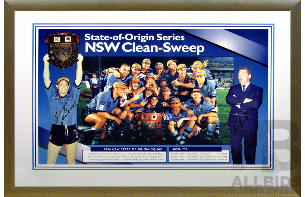 1996 NSW Blues - Framed Lithograph Signed by Captain Brad Fittler and Coach Phil Gould