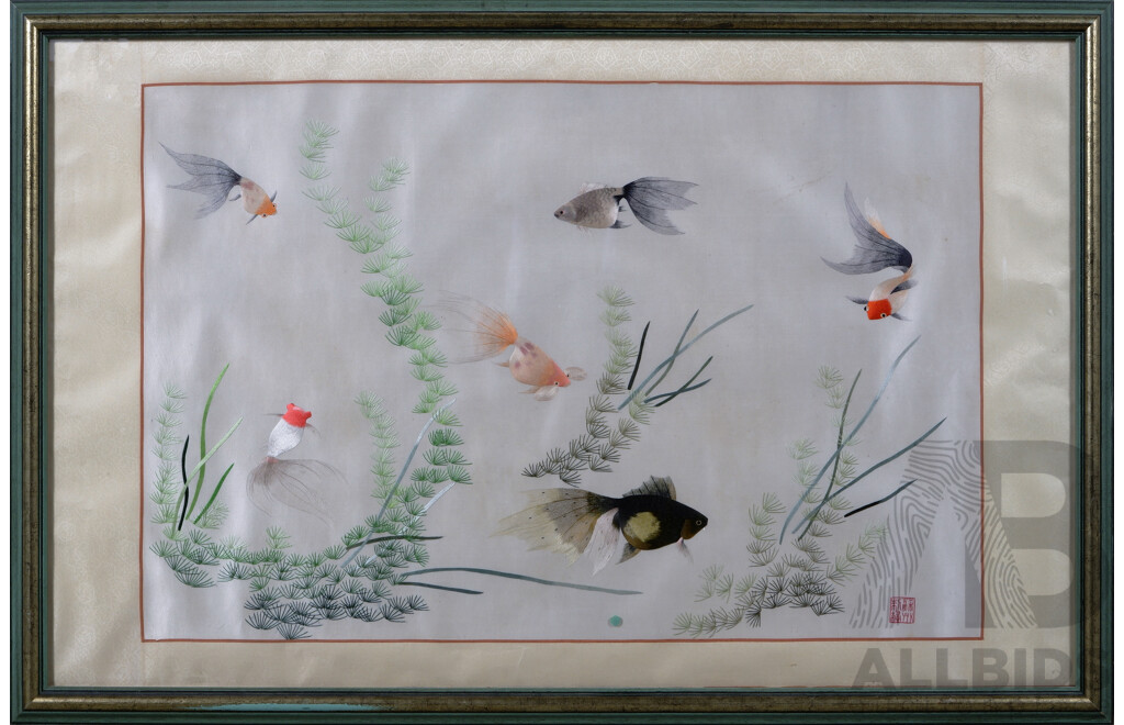 Beautiful Framed Vintage Hand Embroidered Koi Fish Silk Panel, 73 x 102 cm (frame)