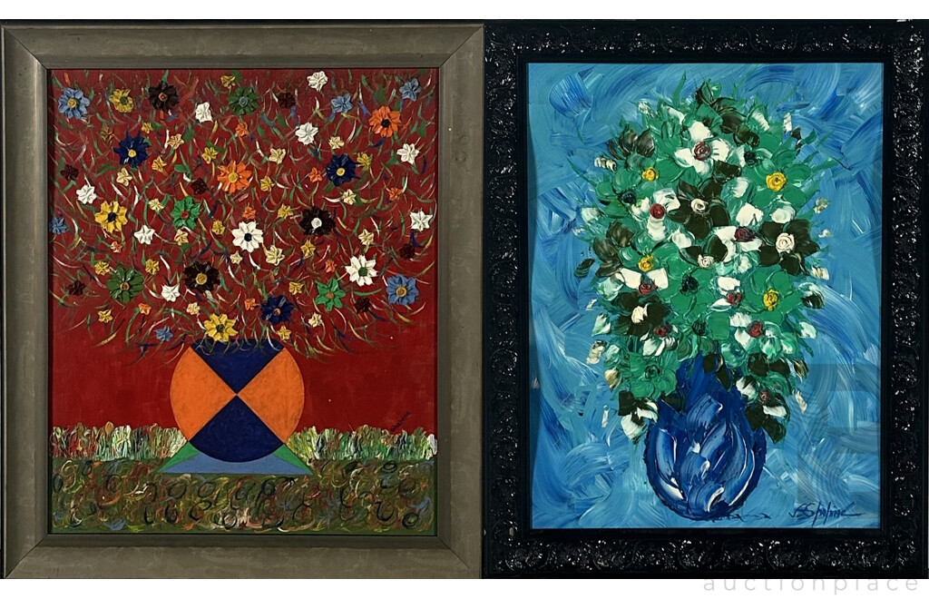 Jack Shahine, (Contemporary, Australian), Pair of Abstract Vase and Flowers, Acrylic on Board, 71 x 62 cm (larger Frame) (2)