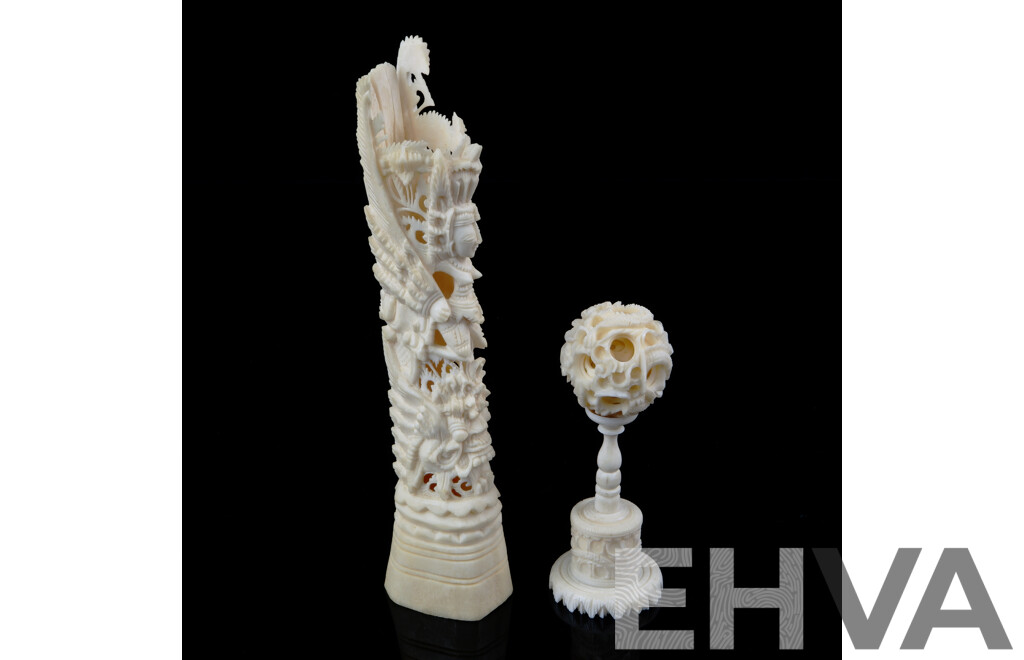 Hand Carved Asian Four Layer Ivory Puzzle Ball on Stand Along with Carved Bone Figure