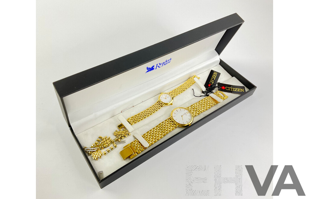 Citizen 'Reader's Digest' Released Ladies & Mens Gift Set of Gold Tone Watches 1020-S54554 & 1020-S54562