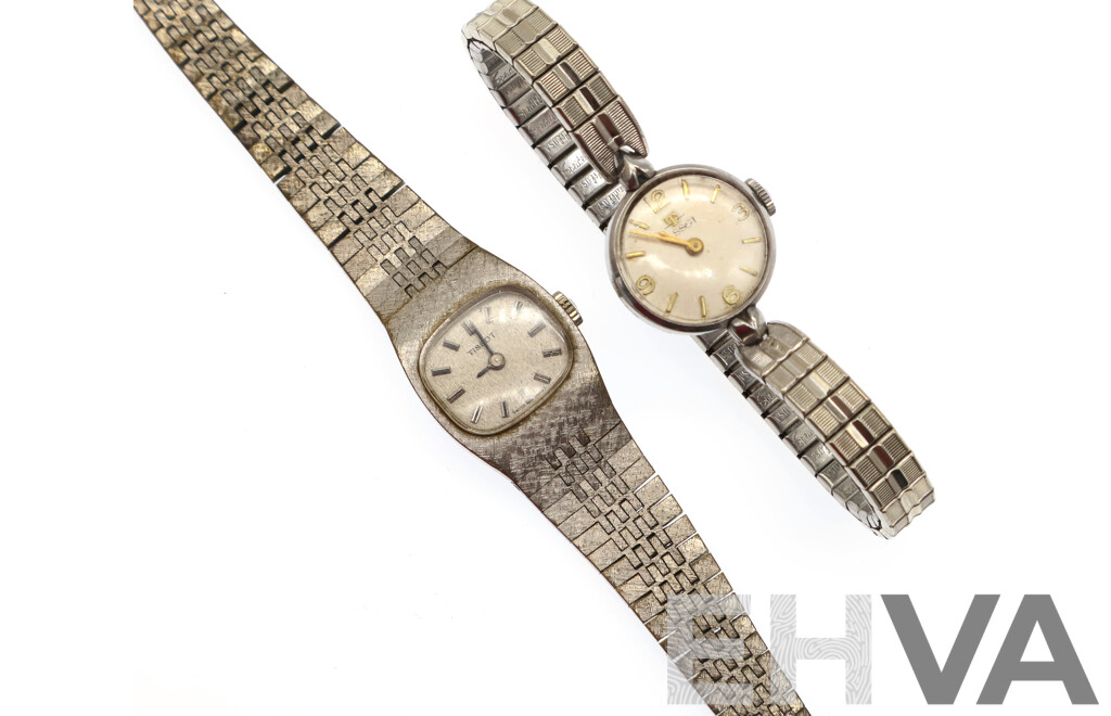 Tissot (2) Vintage Ladies Silver Tone Dress Watches, Manual Winding Both with Ticking Observed