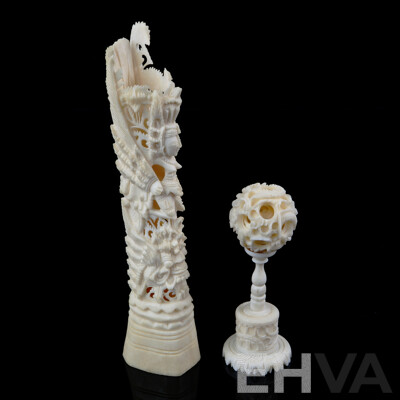 Hand Carved Asian Four Layer Ivory Puzzle Ball on Stand Along with Carved Bone Figure