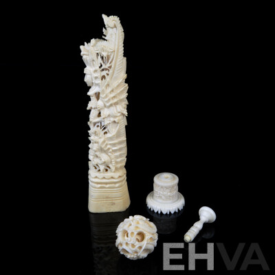 Hand Carved Asian Four Layer Ivory Puzzle Ball on Stand Along with Carved Bone Figure