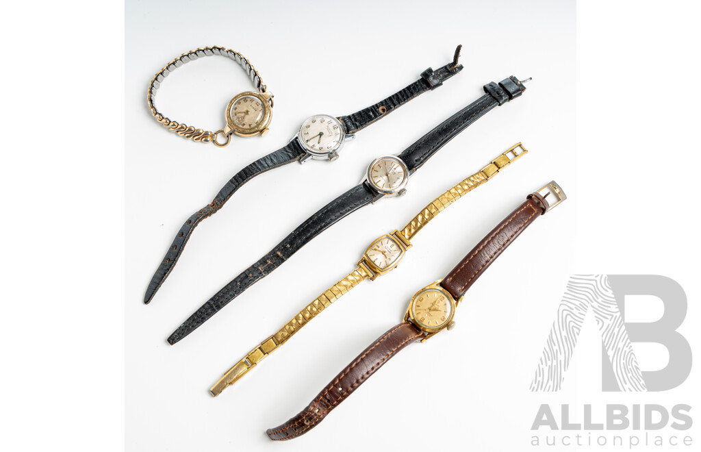 Collection of (5) Vintage Petite Ladies Watches - Elbon, Titoni, Dunklings Rivana, Girard Perregaux, Pierce