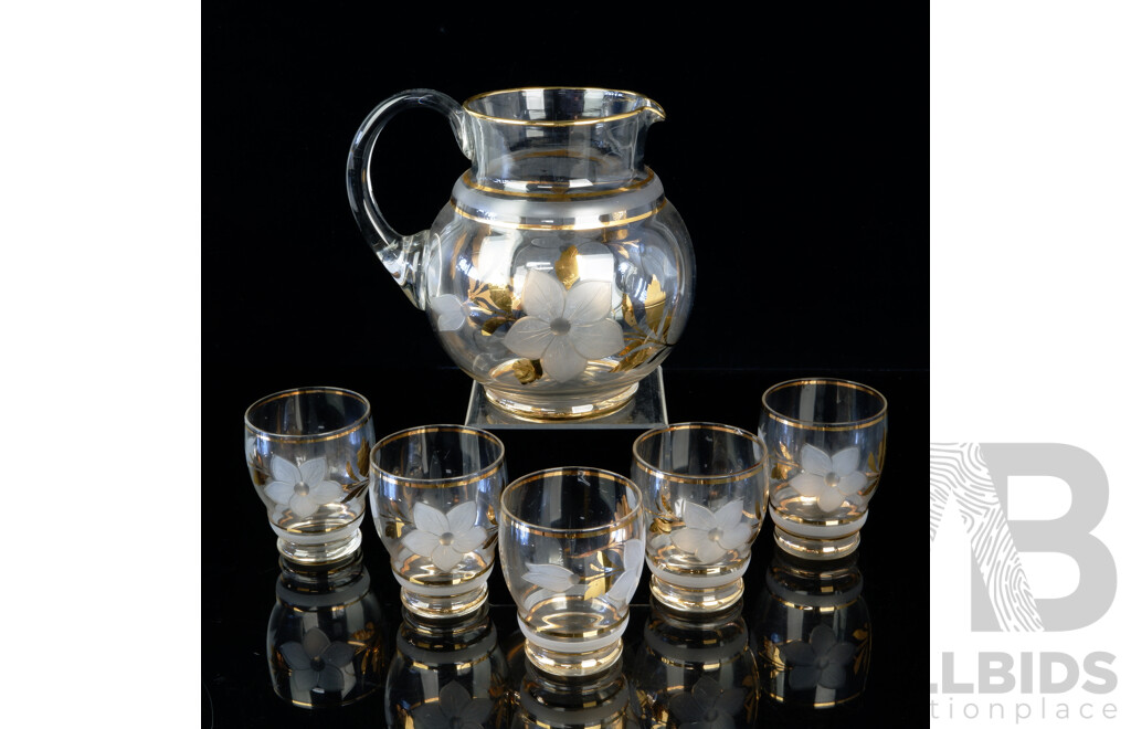 Retro Glass Pitcher with Floral Detail with Five Matching Tumblers