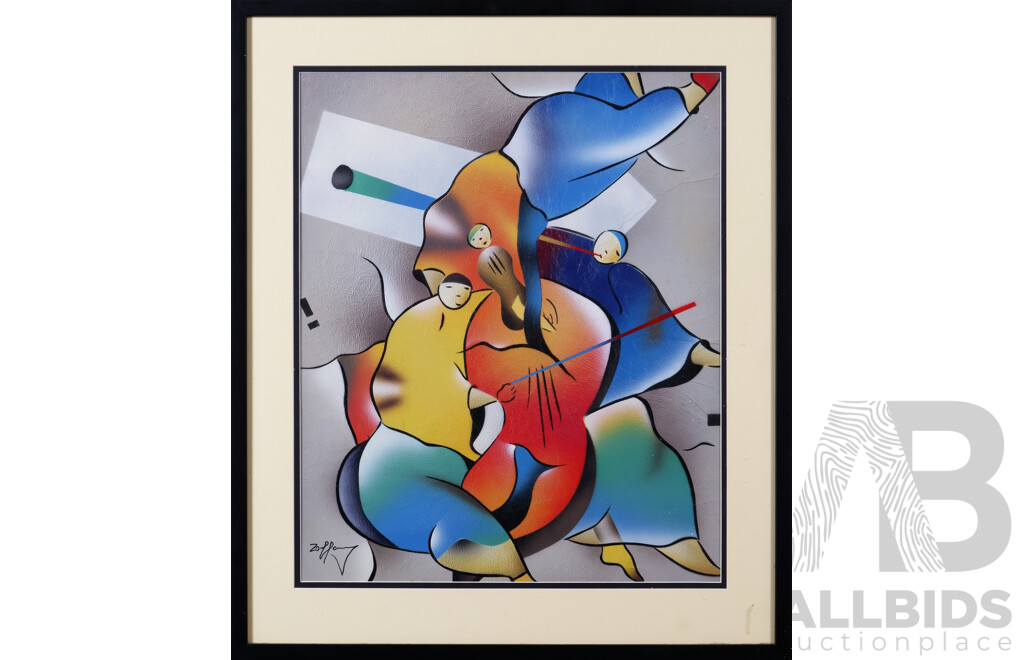 After David Schluss (20th Century, Israeli, 1943-),Trio with Cello, Abstract Mixed Media, Reproduction Inspired by Original, 74 x 63 cm (frame)