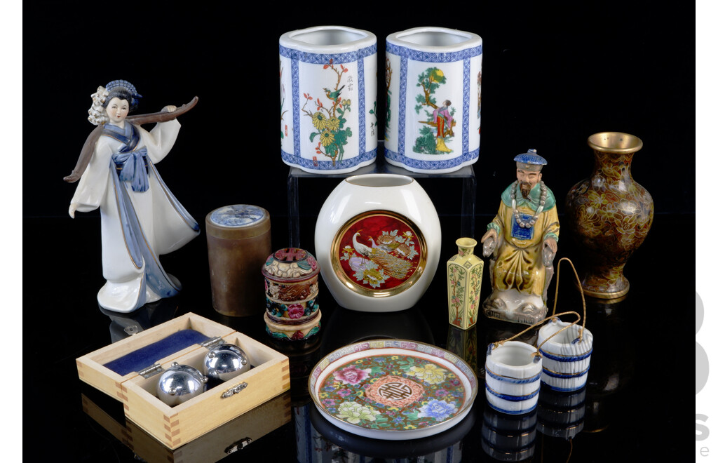 Collection Vintage and Other Chinese & Japanese Items Including Cloisonne Vase, Mudman Figure, Pair Porcelain Vases, Japanese Chokin Ware Vase with 24K Gold Detail and More