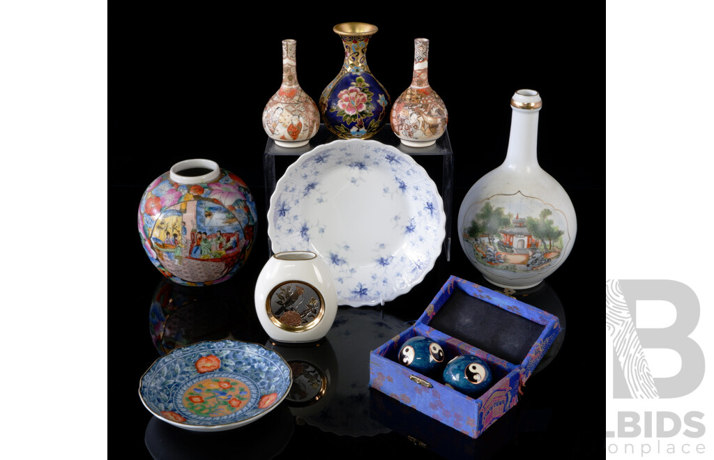 Collection Vintage and Other Chinese & Japanese Items Including Cloisonne Vase, Porcelain, Japanese Chokin Ware Vase with 24K Gold Detail and More