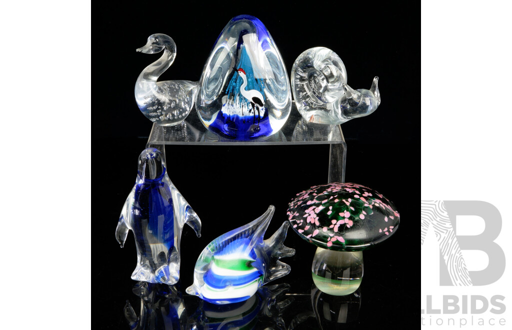 Collection Art Glass Including Penguin Figure, Mushroom, Paperweight and More