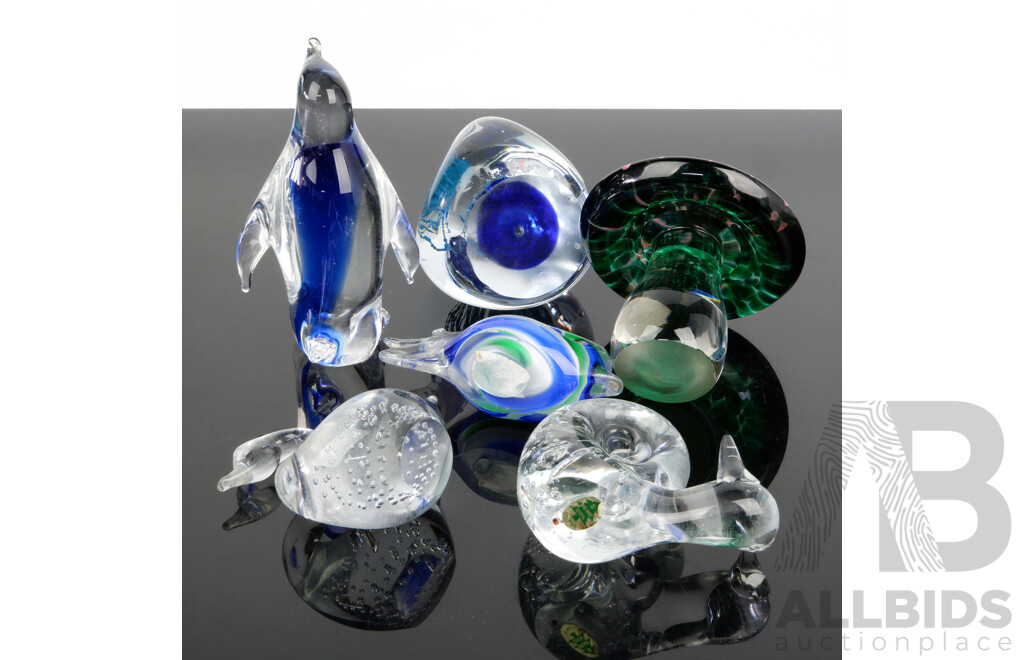 Collection Art Glass Including Penguin Figure, Mushroom, Paperweight and More