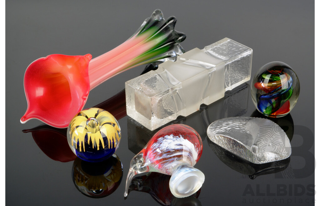 Collection Retro and Other Art Glass Including Tulip Form Vase, Kiwi Figure, Paperweights and More