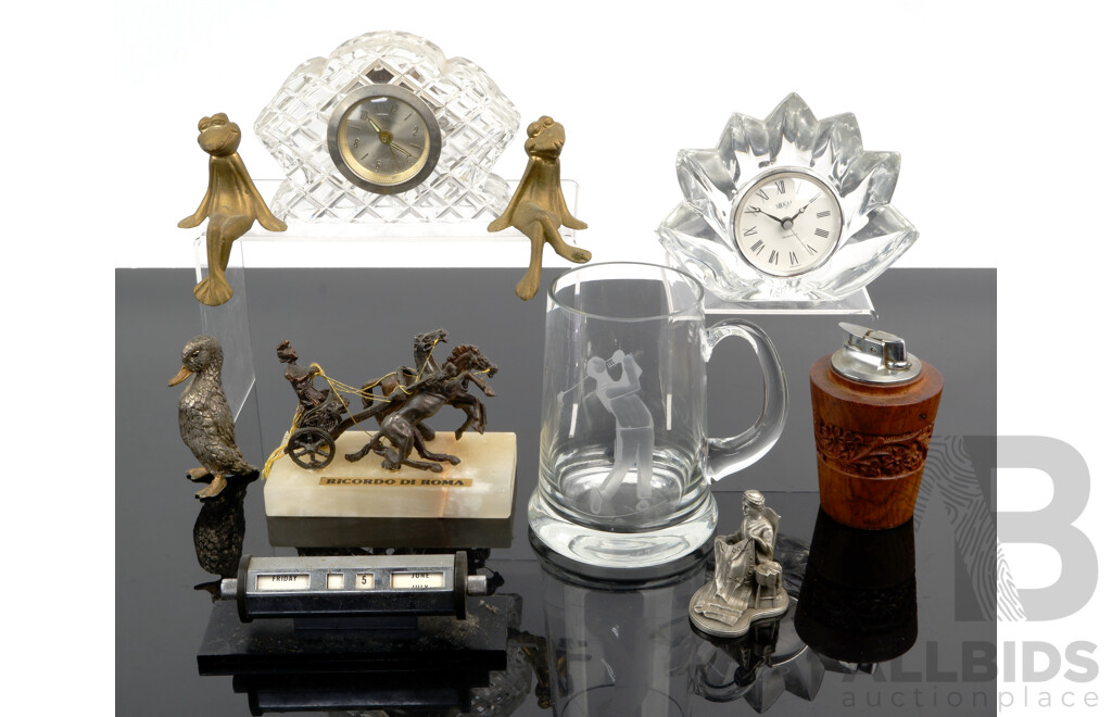 Gentleman's Lot Consisting of Teak Table Lighter, Desk Calendar, Two Cut Glass Desk Clocks, Cast Metal Dusk Figure and More