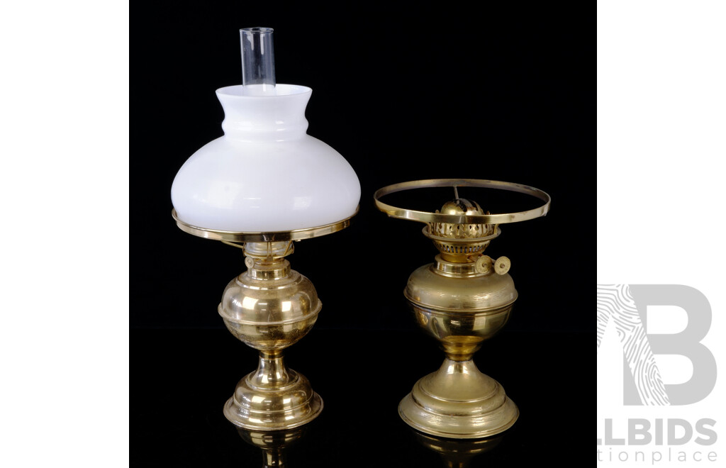 Antique Style Brass Oil Lamp with White Glass Shade and Glass Flue Along with Another Example with No Glass Flue