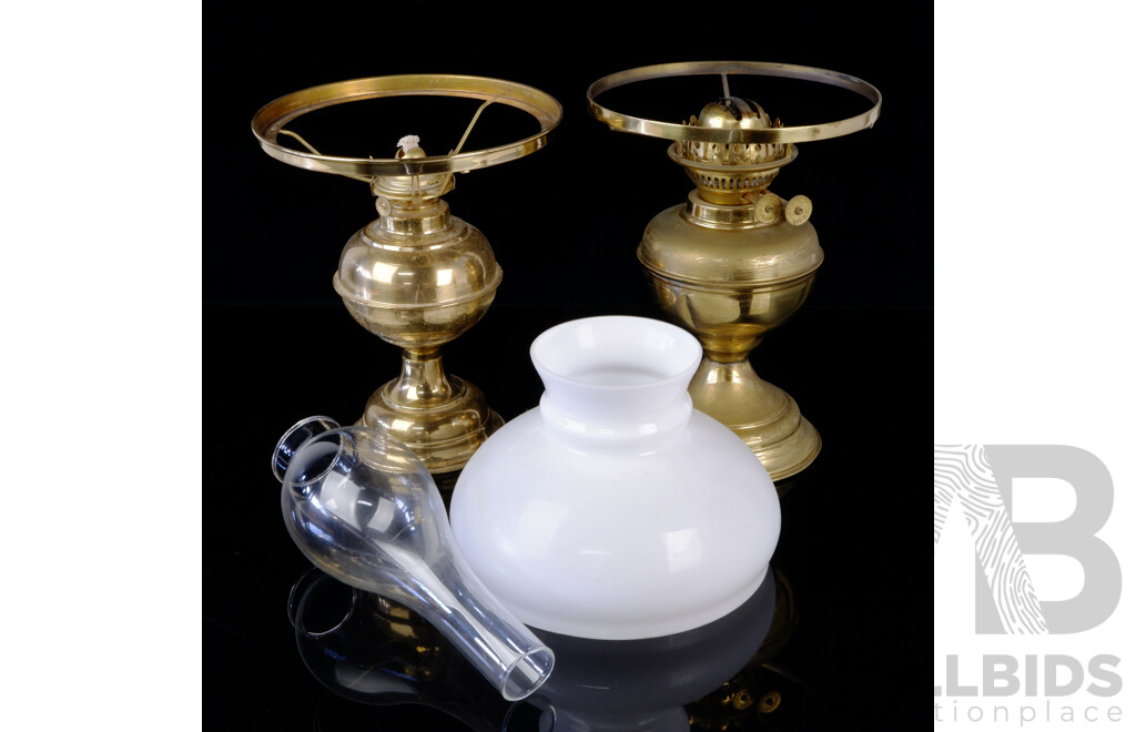 Antique Style Brass Oil Lamp with White Glass Shade and Glass Flue Along with Another Example with No Glass Flue